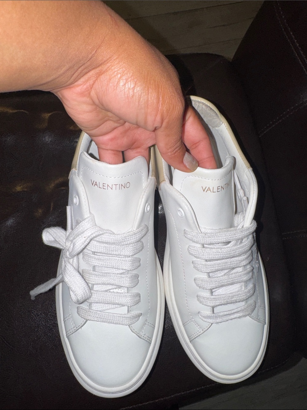 Valentino White Leather Low-Top Sneakers with Gold Heel Trim